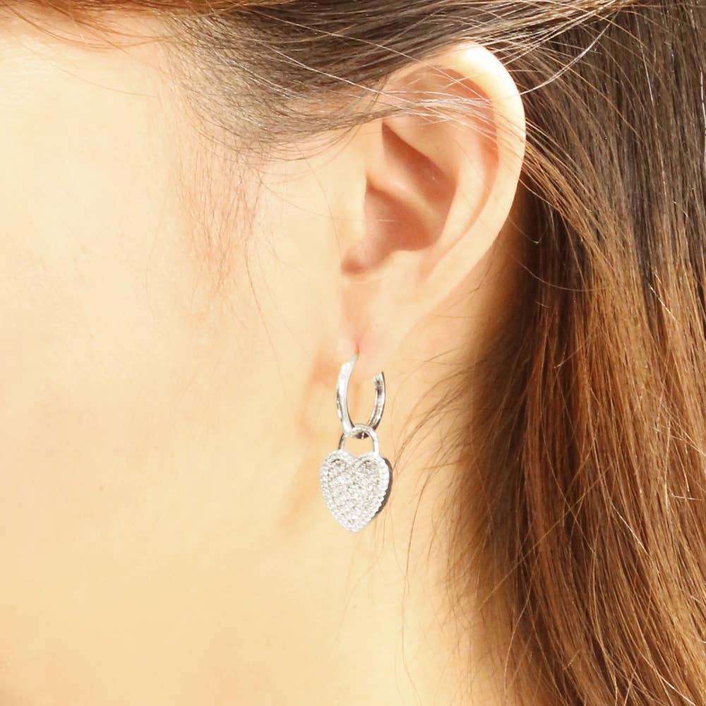 14K Gold Dipped CZ Stone Paved Heart Drop Huggie Earrings