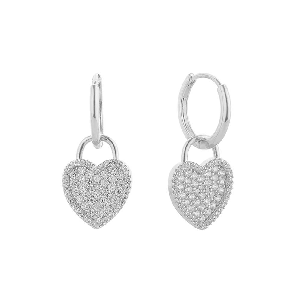 14K Gold Dipped CZ Stone Paved Heart Drop Huggie Earrings