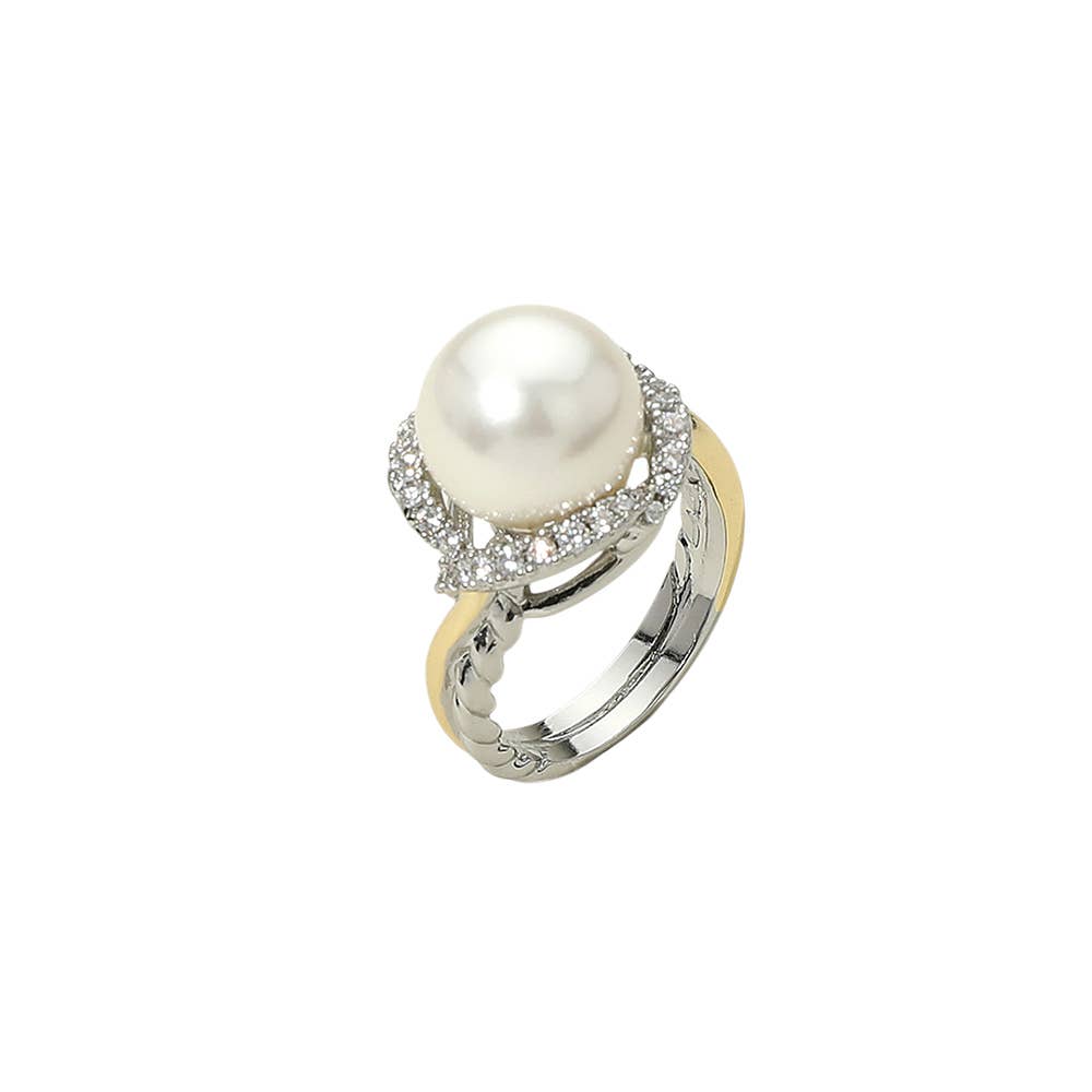 Two Tone CZ Stone Halo Pearl Statement Ring