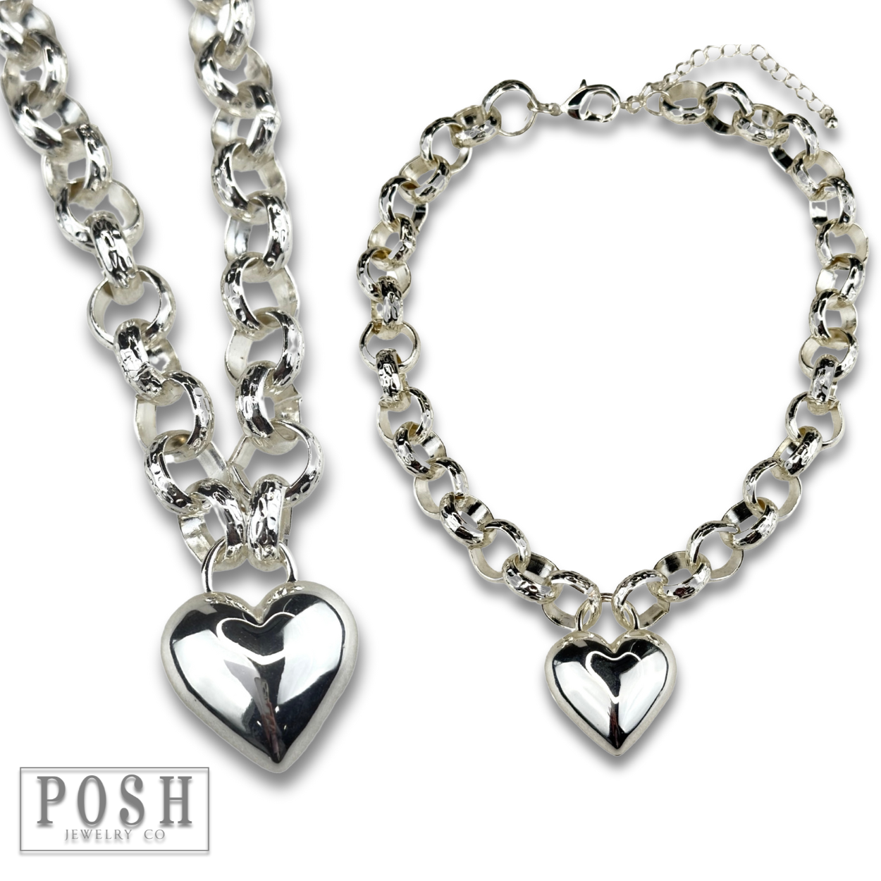 Puffed heart and chunky chain necklace