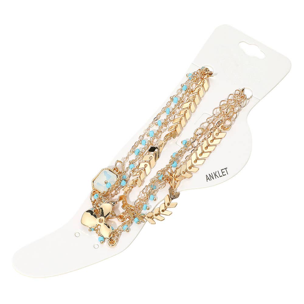 4PCS - Boho Charms and Beaded Layered Chain Anklet Set