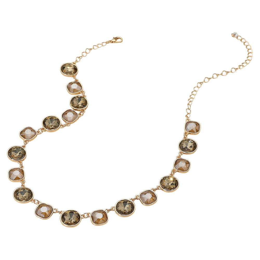 Round Square Stone Bezel Cluster Link Necklace