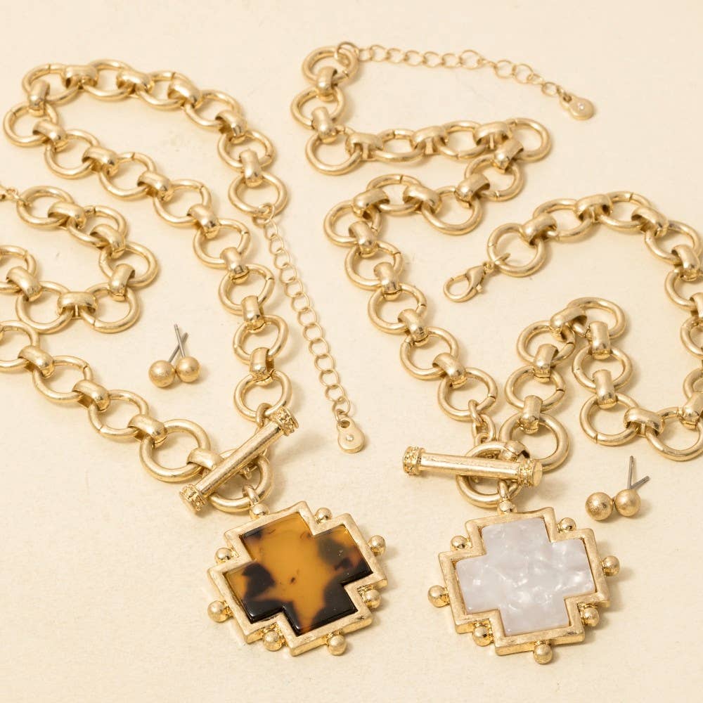 Acetate Square Cross Toggle Chain Necklace