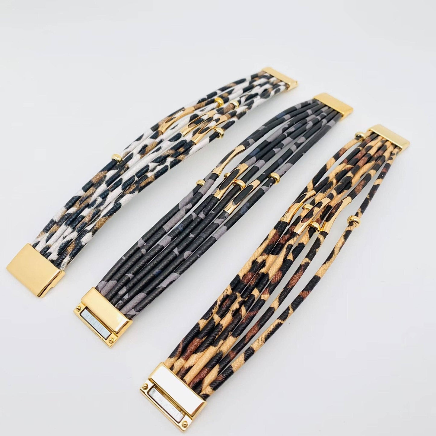 Magnetic Buckle Leopard-Print Multilayer Beaded Bangle