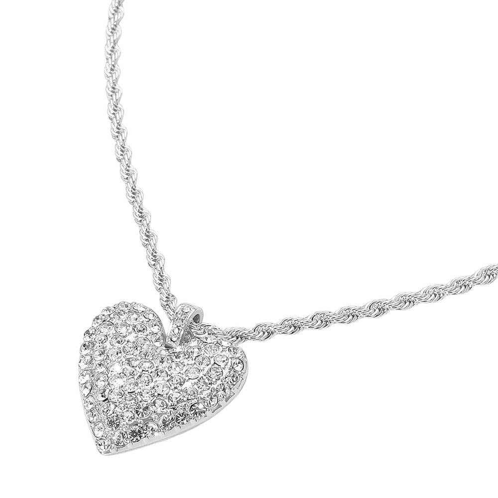 Stone Paved Heart Pendant Twisted Rope Chain Necklace