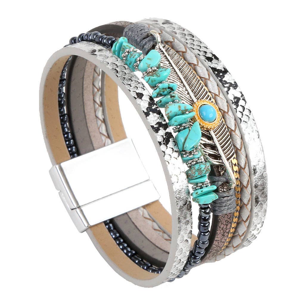 Metal Feather Charm Gravel Woven Leather Bracelet - BJ/LB