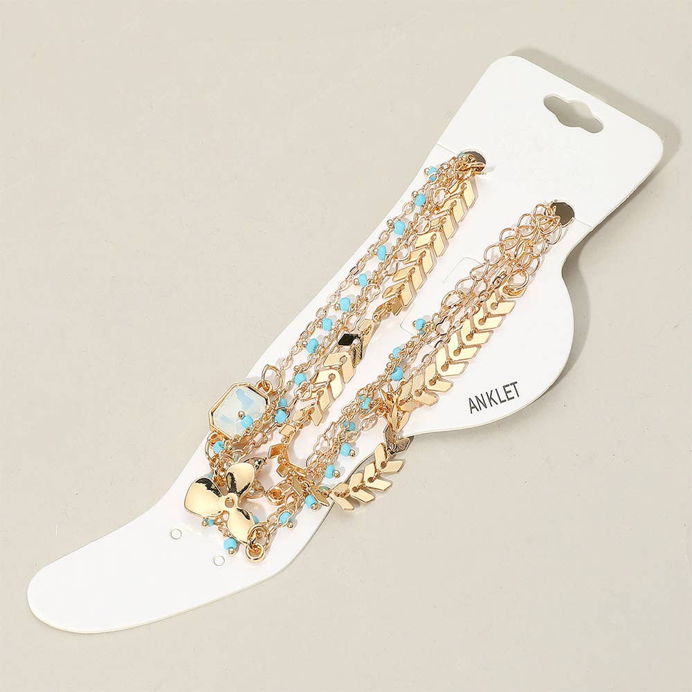 4PCS - Boho Charms and Beaded Layered Chain Anklet Set