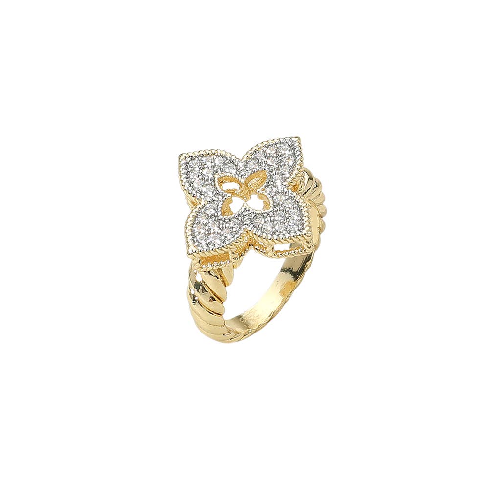 CZ Stone Paved Clover Ring
: 2 Tone / 8