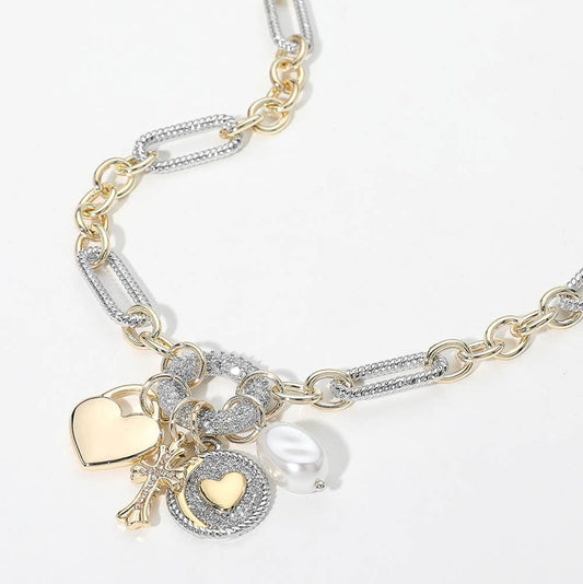 14K Gold Plated CZ Heart Charm Pendant Chain Necklace