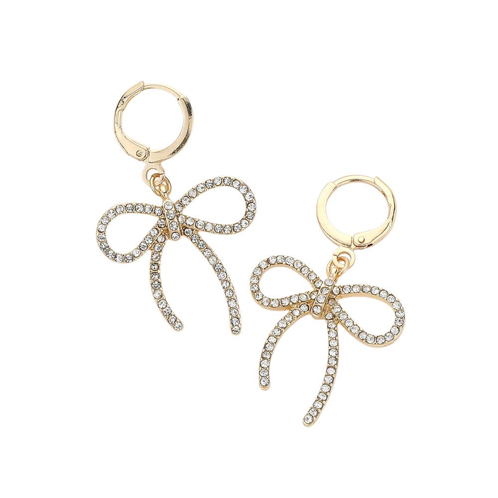 Stone Paved Bow Dangle Huggie Earrings
