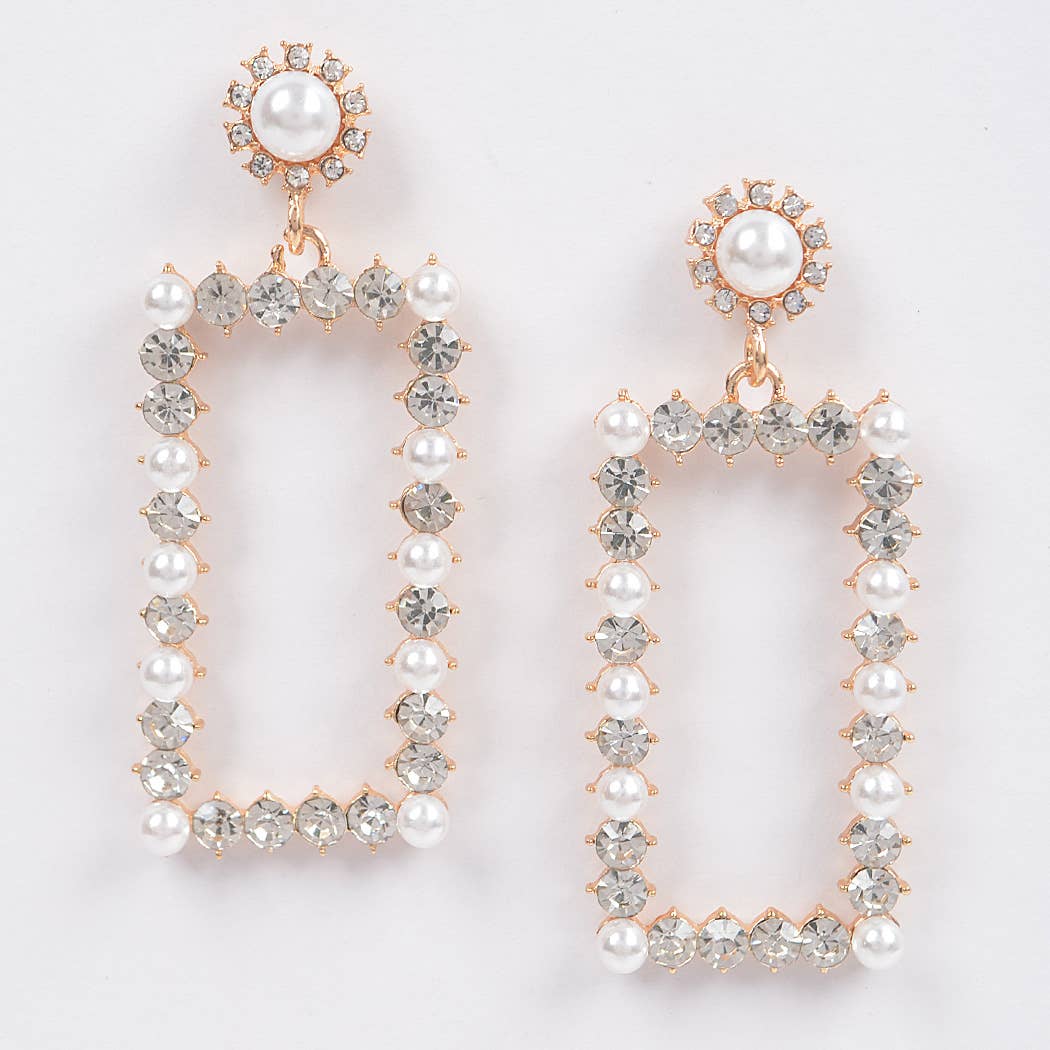 Faux Pearl Rectangle Rhinestone Dangle Earrings