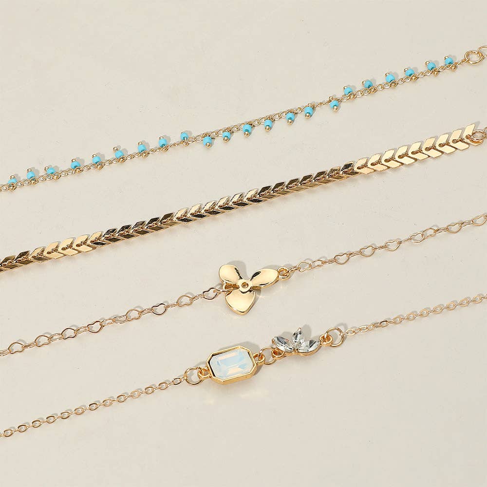 4PCS - Boho Charms and Beaded Layered Chain Anklet Set