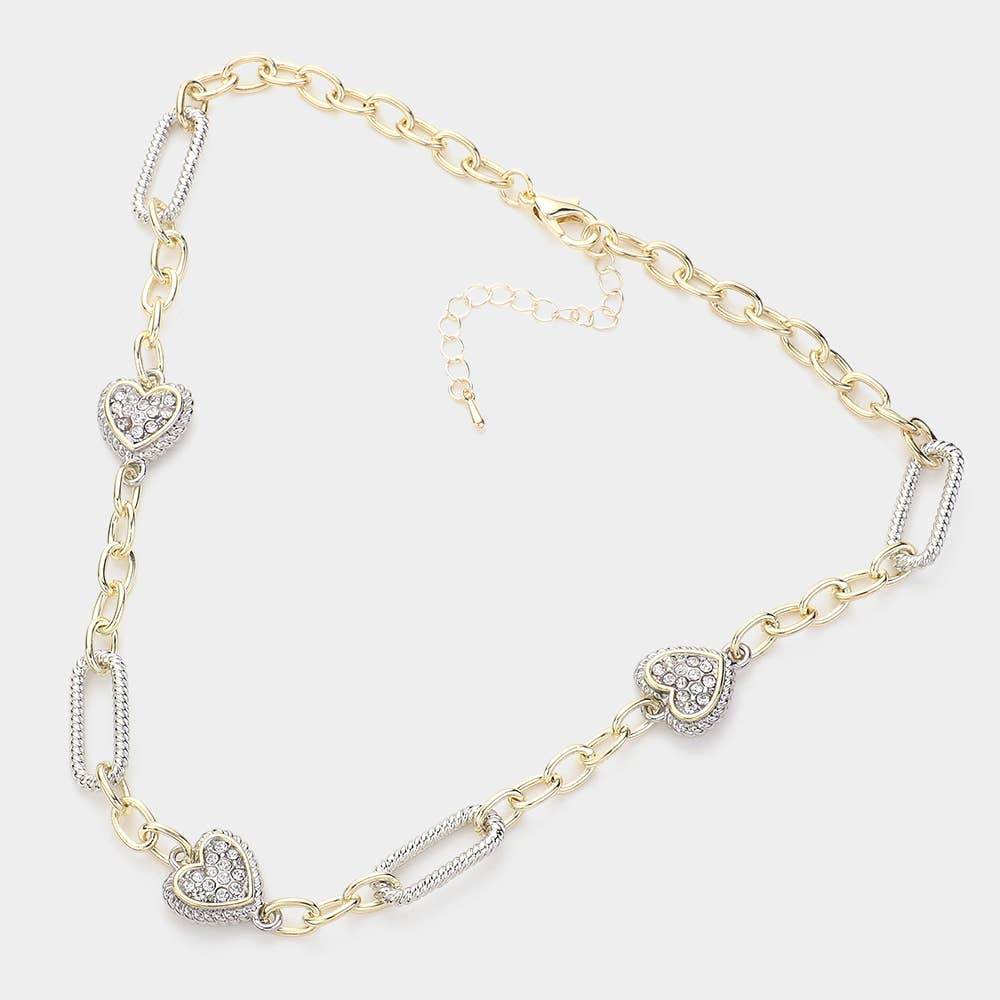 14K Gold Plated Stone Paved Heart Station Necklace