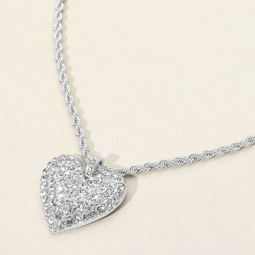 Stone Paved Heart Pendant Twisted Rope Chain Necklace