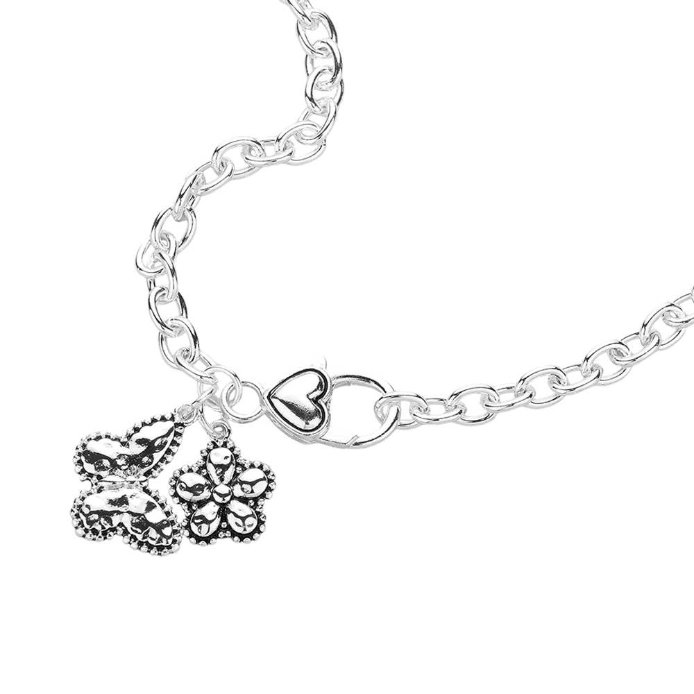 Antique Metal Butterfly Flower Pendant Necklace
