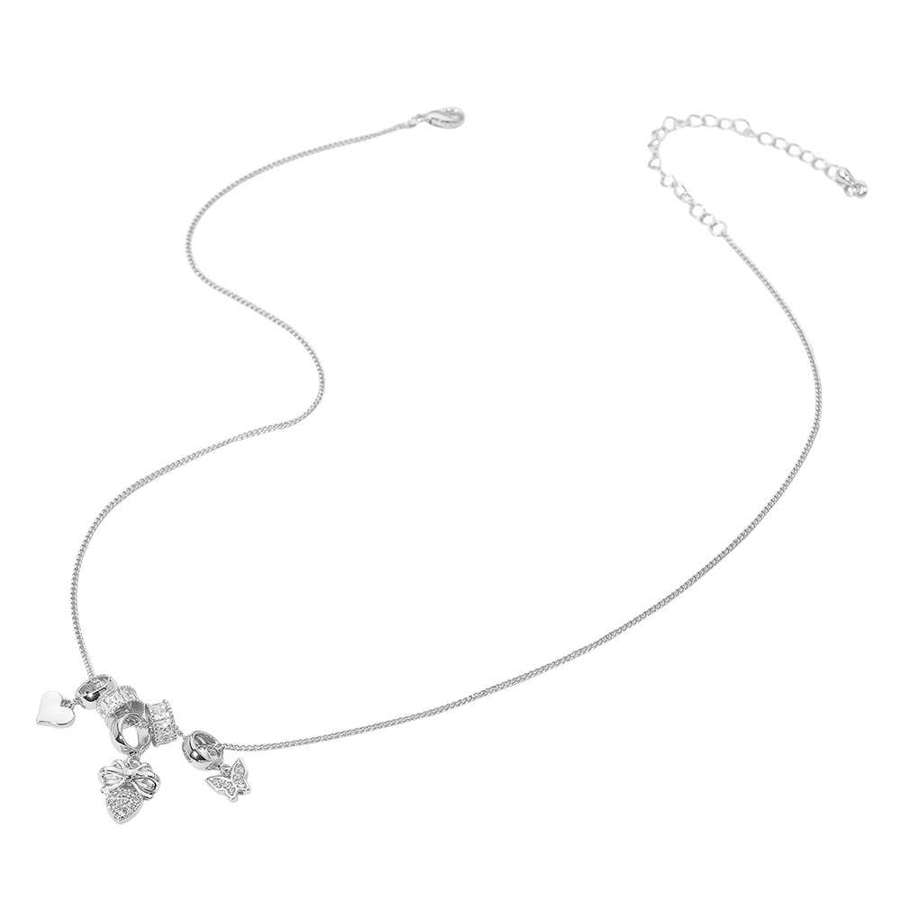 Stone Paved Heart Butterfly Bow Charm Beaded Necklace