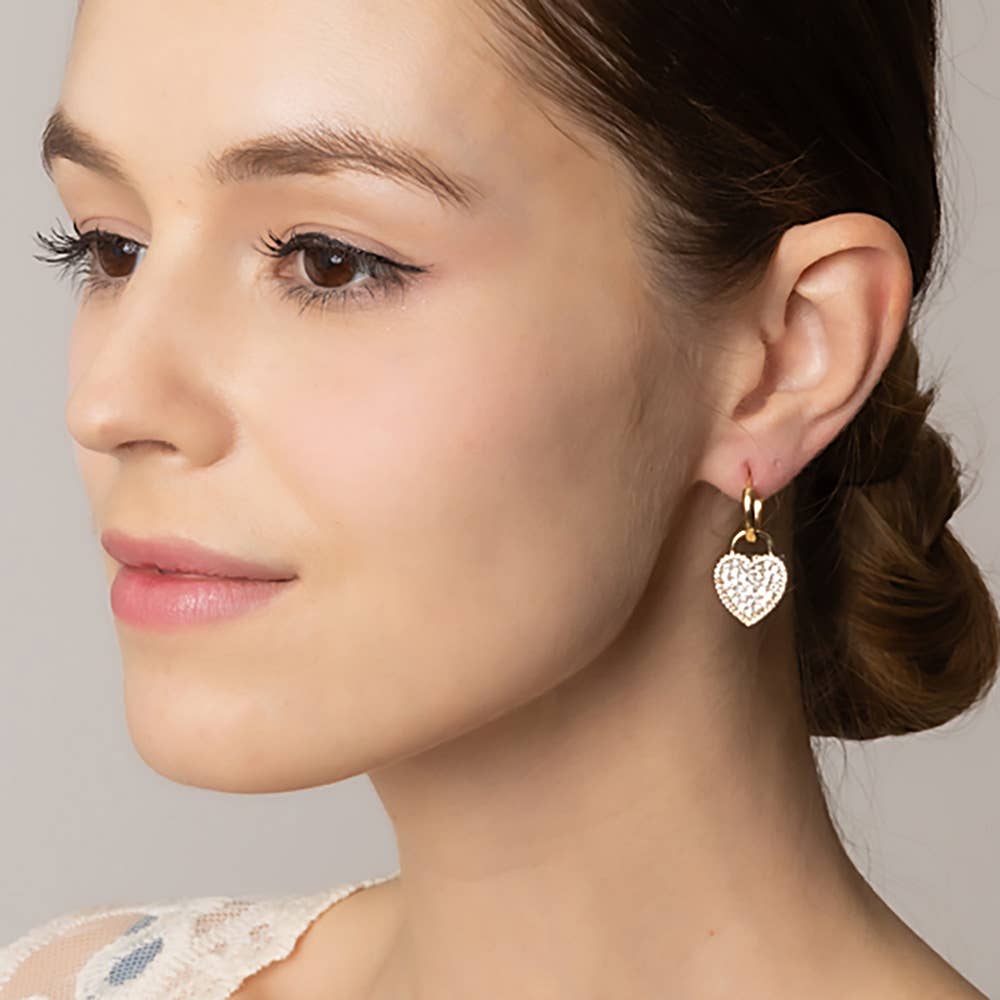 14K Gold Dipped CZ Stone Paved Heart Drop Huggie Earrings
