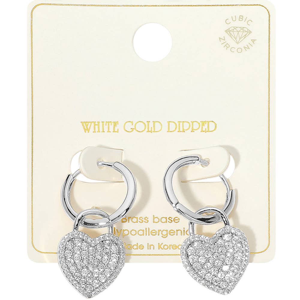 14K Gold Dipped CZ Stone Paved Heart Drop Huggie Earrings