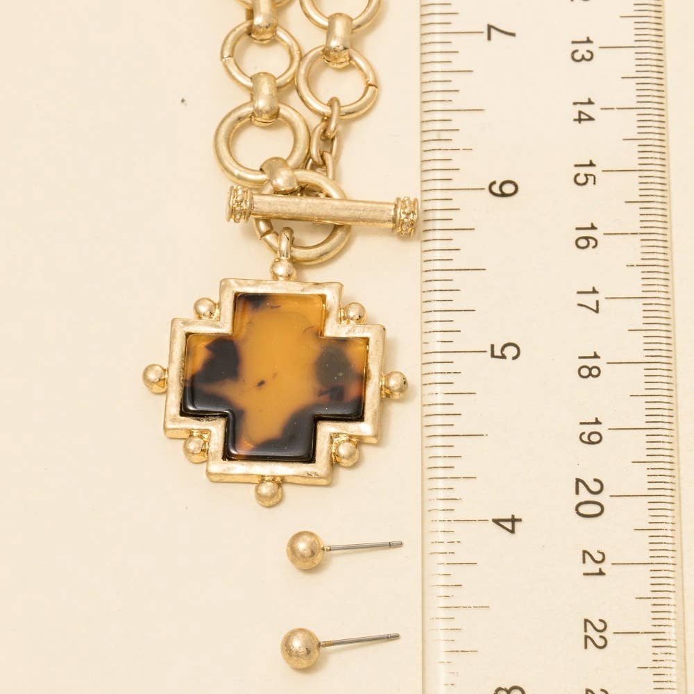 Acetate Square Cross Toggle Chain Necklace