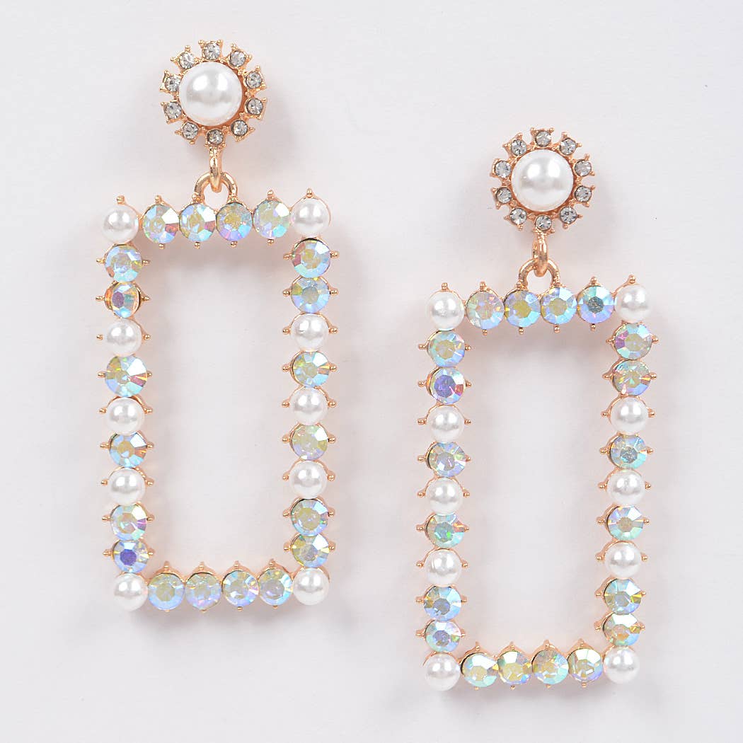 Faux Pearl Rectangle Rhinestone Dangle Earrings
