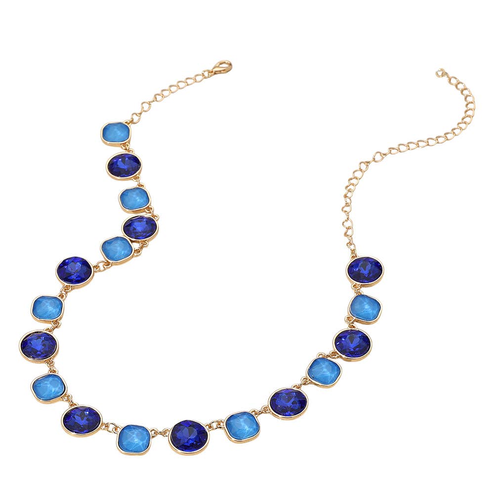 Round Square Stone Bezel Cluster Link Necklace