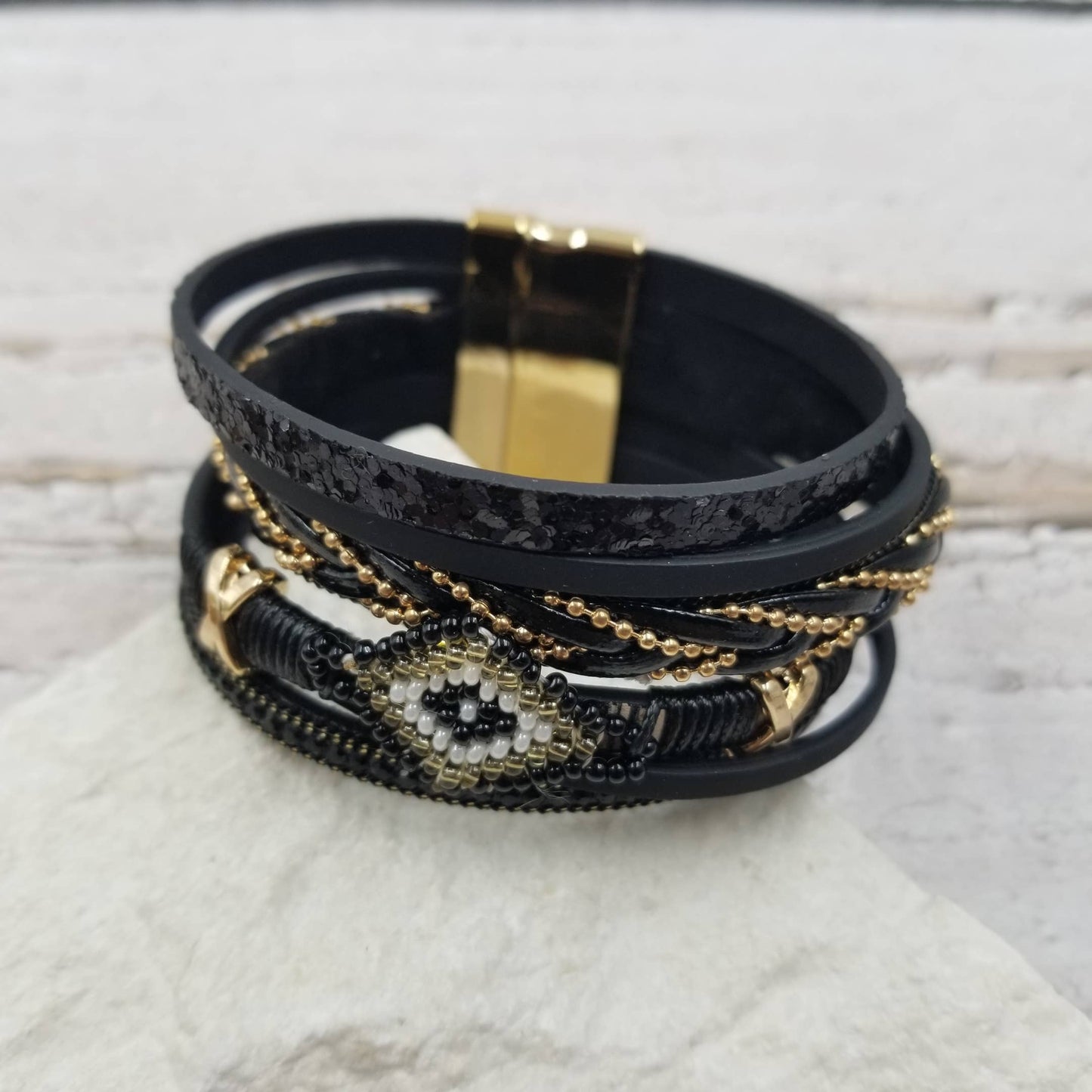 Evil Eye Boho Seed Bead Leather Bracelet
