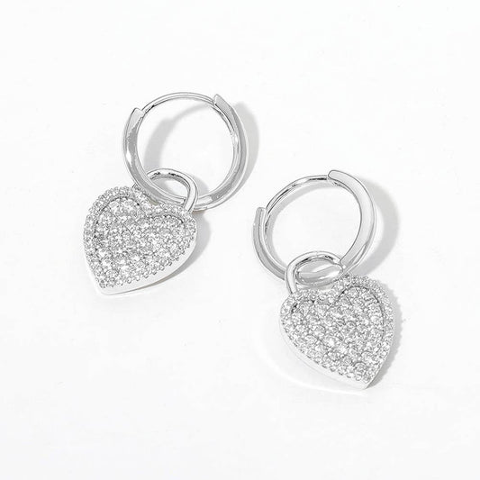 14K Gold Dipped CZ Stone Paved Heart Drop Huggie Earrings