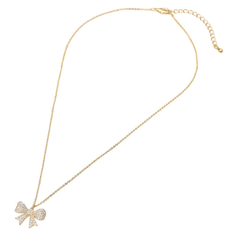 18K Gold Dipped CZ Stone Paved Bow Pendant Necklace