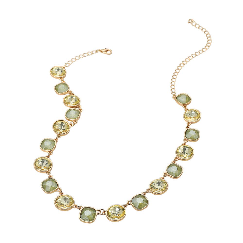 Round Square Stone Bezel Cluster Link Necklace