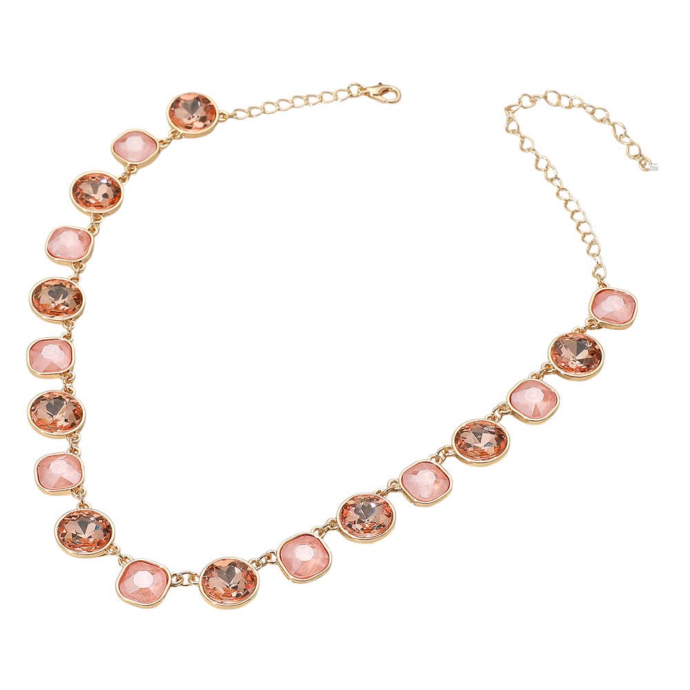 Round Square Stone Bezel Cluster Link Necklace