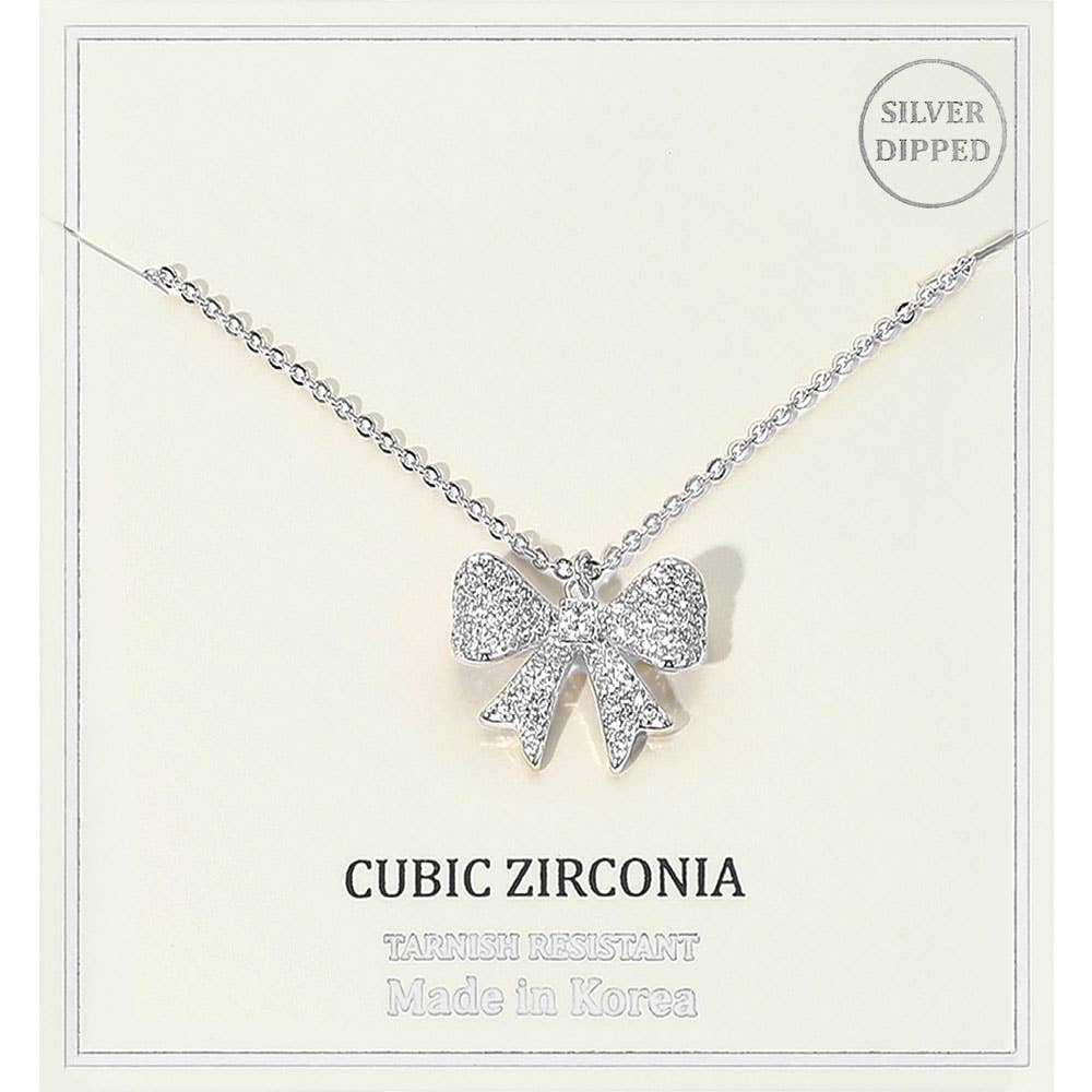 18K Gold Dipped CZ Stone Paved Bow Pendant Necklace
