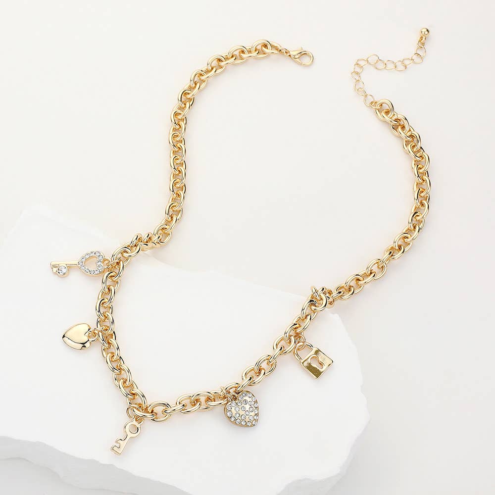 SECRET BOX_Stone Paved Key Heart Metal Lock Charm Station Chain Necklace
