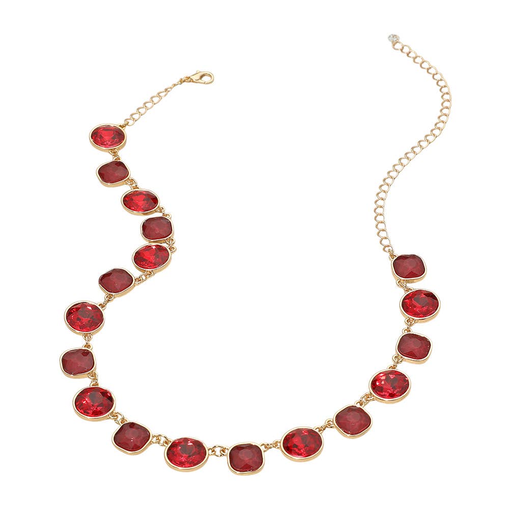 Round Square Stone Bezel Cluster Link Necklace