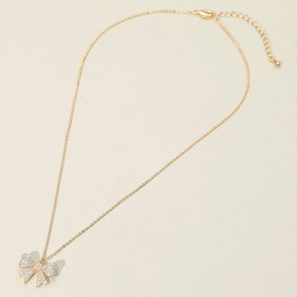 18K Gold Dipped CZ Stone Paved Bow Pendant Necklace