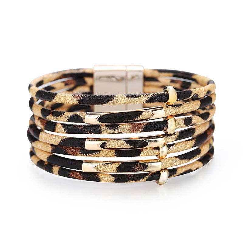 Magnetic Buckle Leopard-Print Multilayer Beaded Bangle