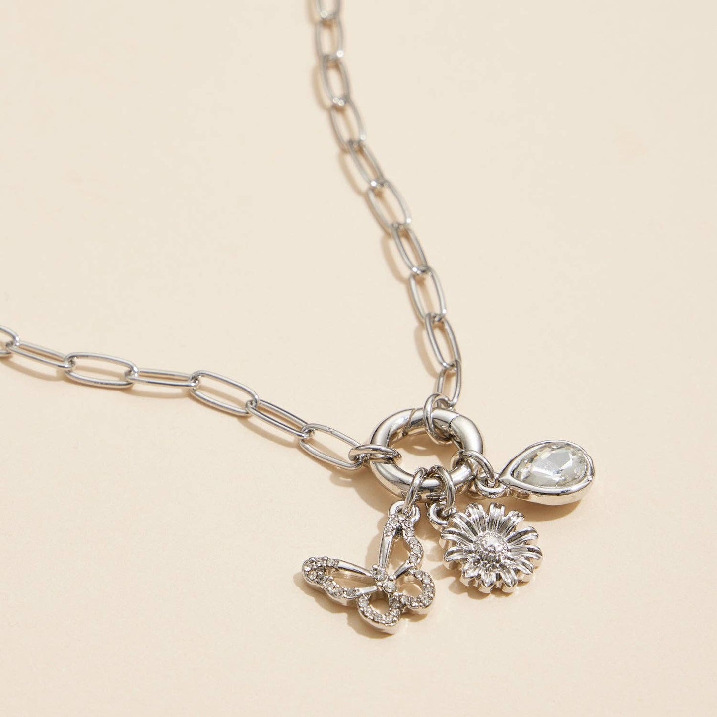 Gold Dipped Butterfly Flower Charm Necklace with Gemstone