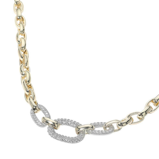 14K Gold Plated CZ Stone Paved Double Oval Link Accent Link Chain Necklace
