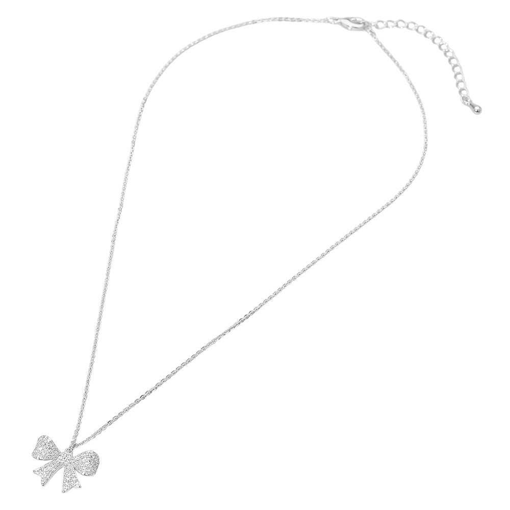 18K Gold Dipped CZ Stone Paved Bow Pendant Necklace