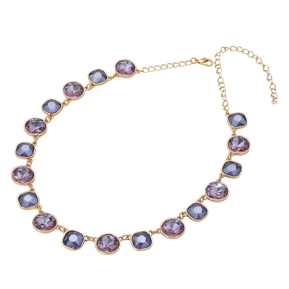 Round Square Stone Bezel Cluster Link Necklace