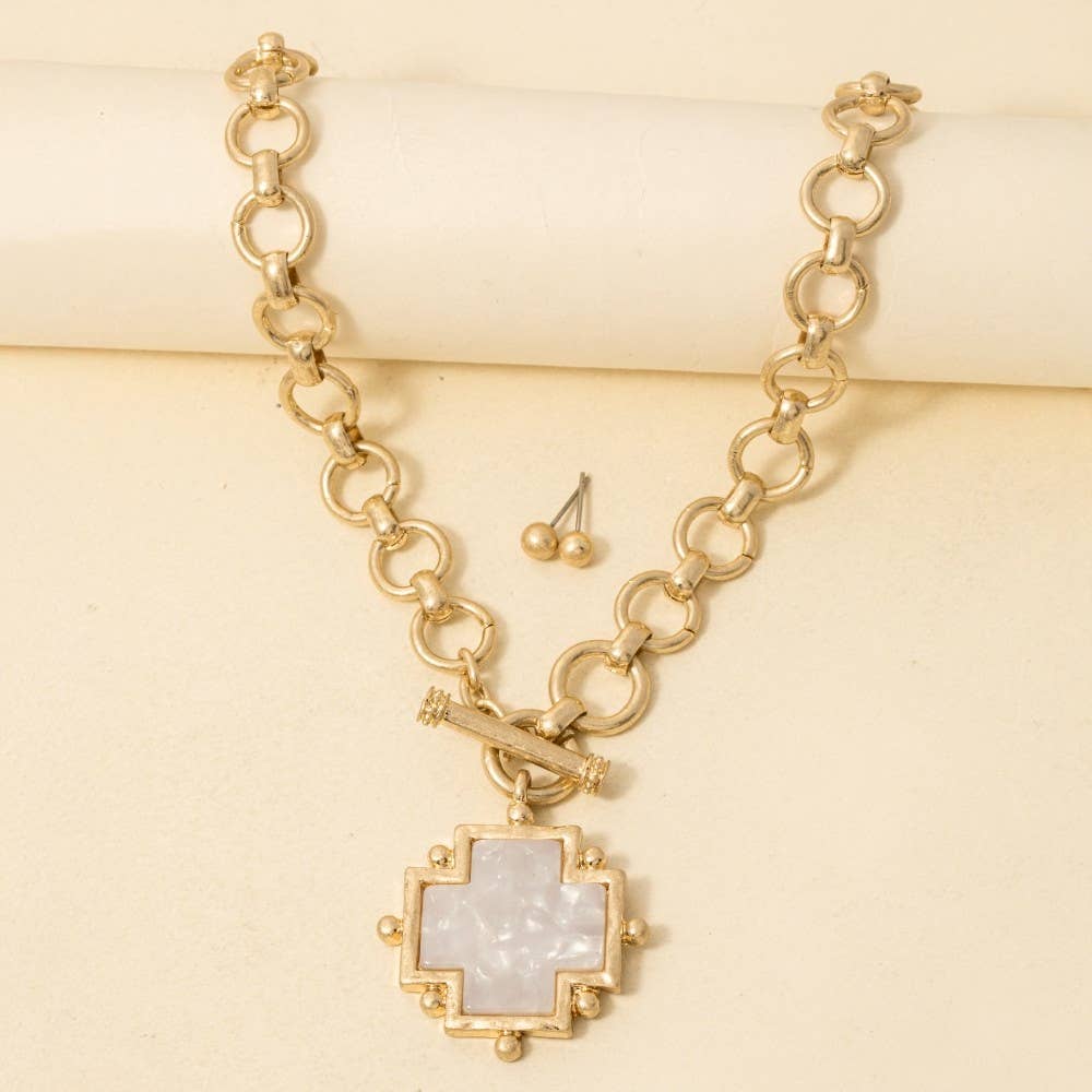 Acetate Square Cross Toggle Chain Necklace