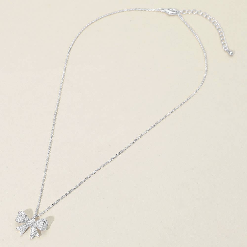 18K Gold Dipped CZ Stone Paved Bow Pendant Necklace