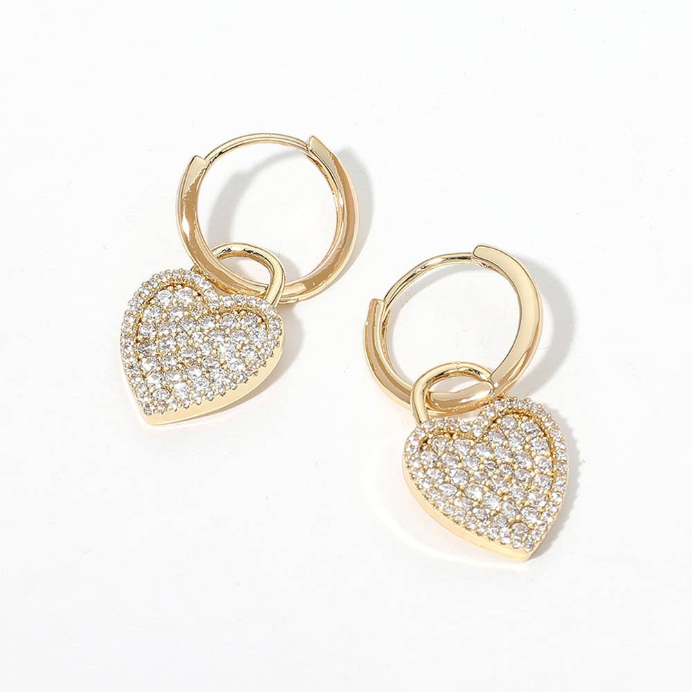 14K Gold Dipped CZ Stone Paved Heart Drop Huggie Earrings