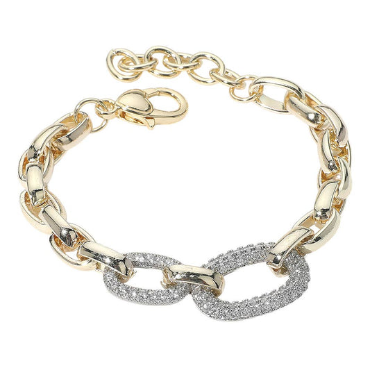 14K Gold Plated CZ Stone Paved Double Oval Link Accent Link Chain Bracelet