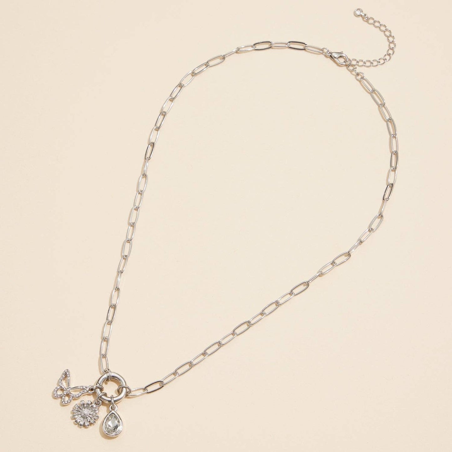 Gold Dipped Butterfly Flower Charm Necklace with Gemstone