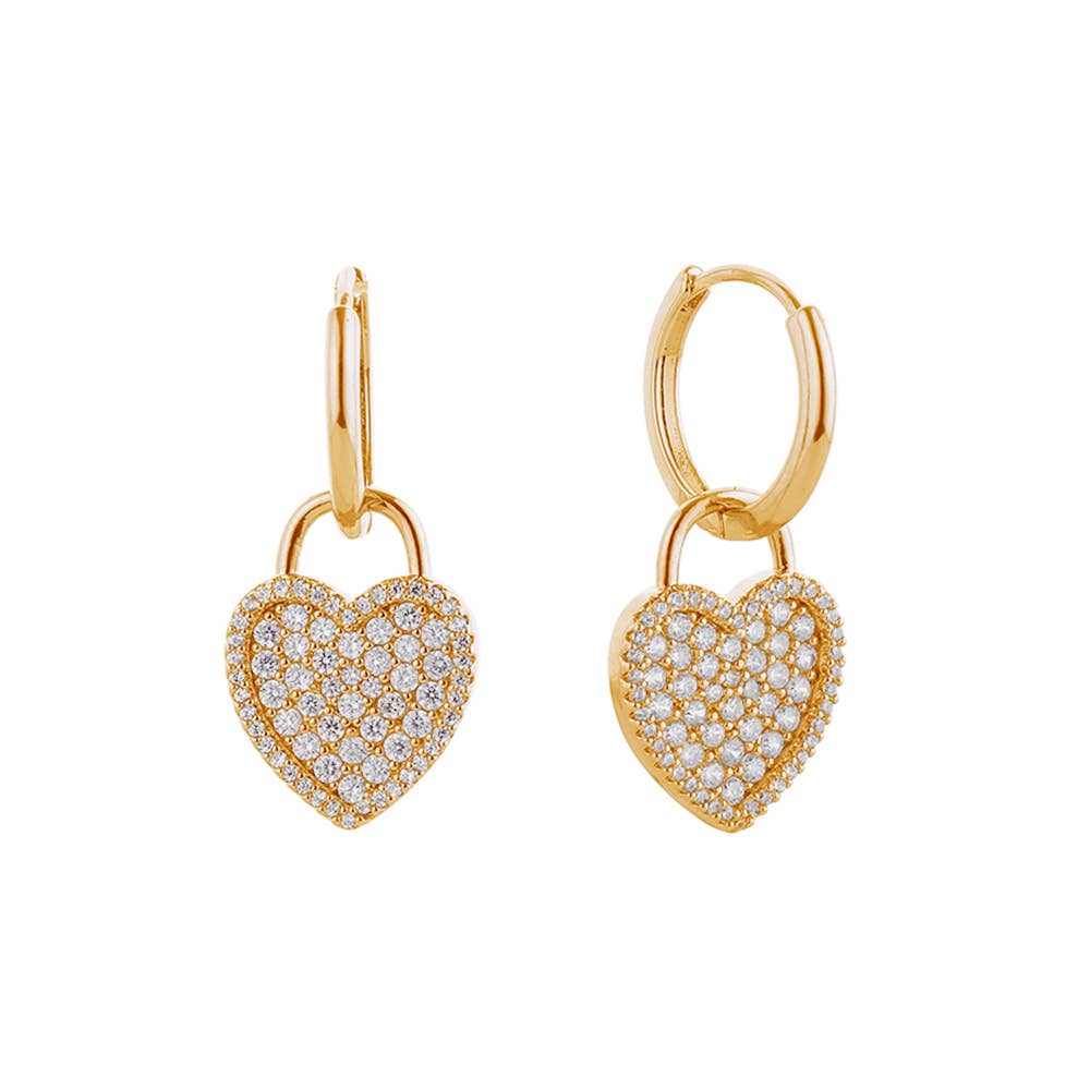 14K Gold Dipped CZ Stone Paved Heart Drop Huggie Earrings