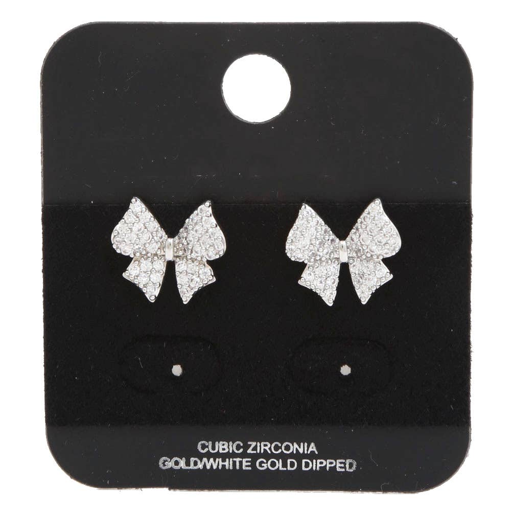 DAINTY BOW CZ WHITE GOLD DIPPED EARRING CE-5233
