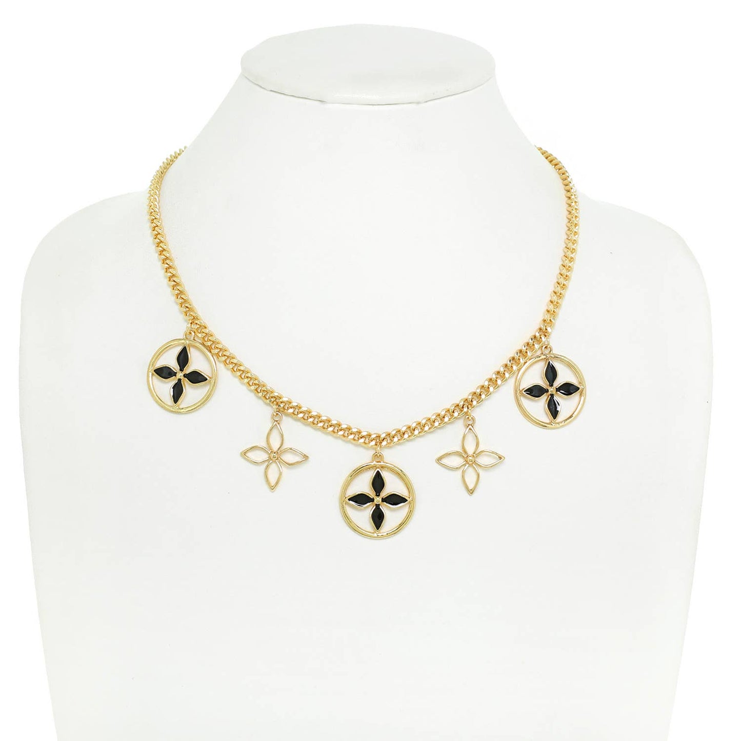 4-Petal Pointed Floral Multi Charm Chain Necklace