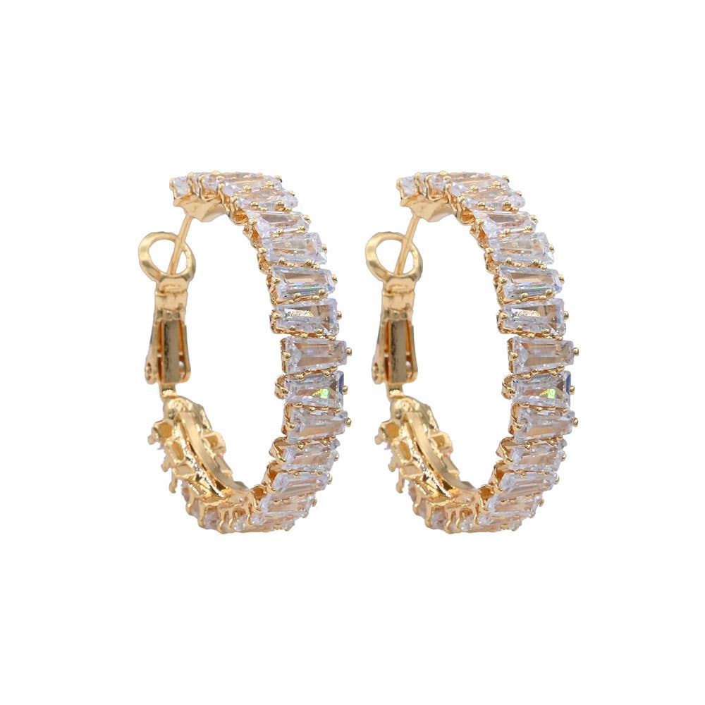 Gold Dipped Full Baguette CZ Stone Around Evening Hoop Earrings