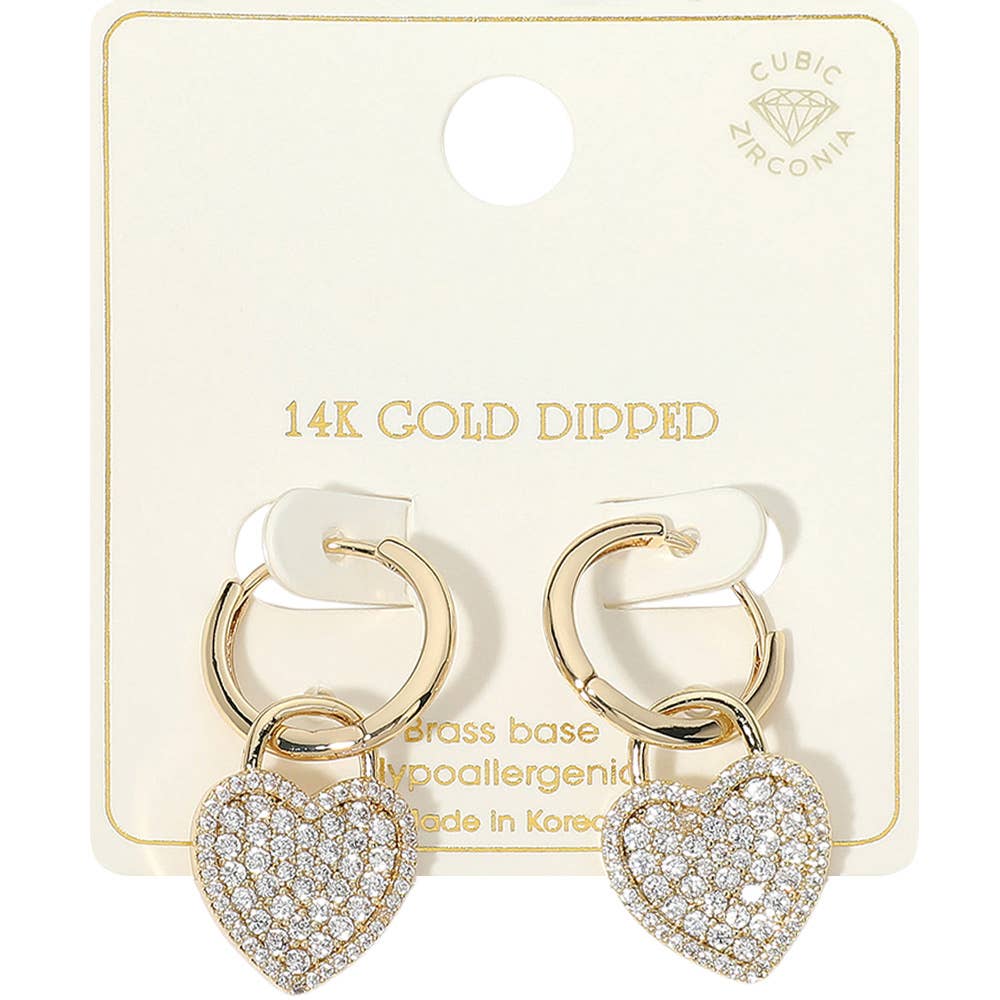 14K Gold Dipped CZ Stone Paved Heart Drop Huggie Earrings