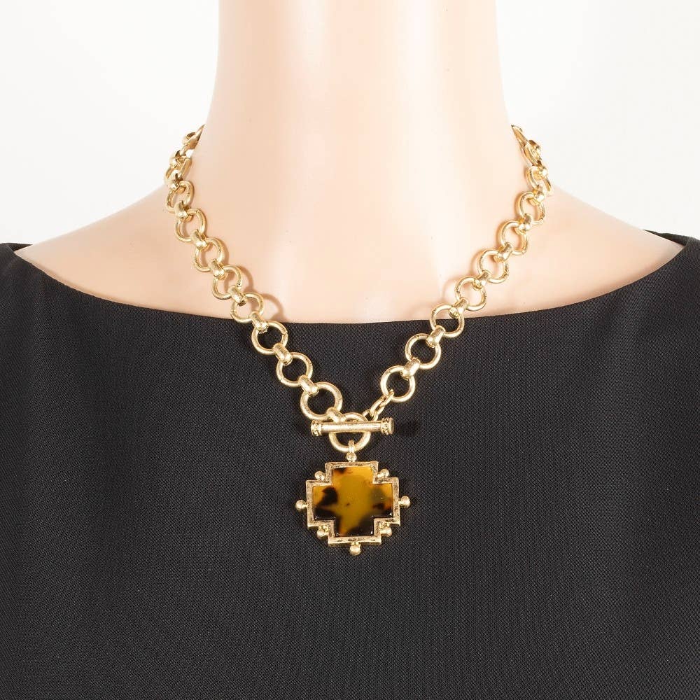 Acetate Square Cross Toggle Chain Necklace